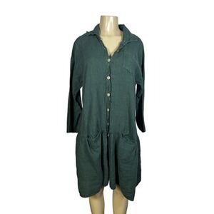 Saga Italy Dress Womens Plus One Size Green Linen Shirt Dress Pockets Made Italy
